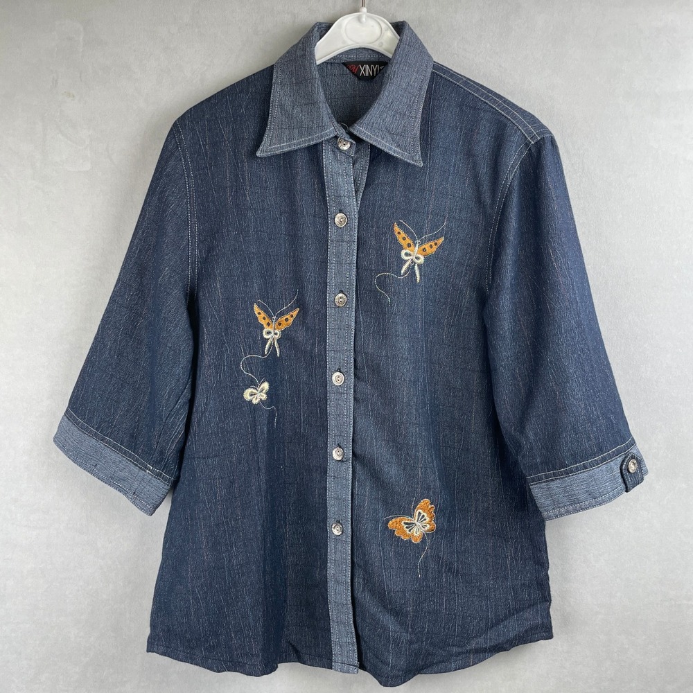 Xinyi Womens Dark Wash Denim Butterfly Embroidered Y2K Fairy 3/4 Sleeve Shirt L